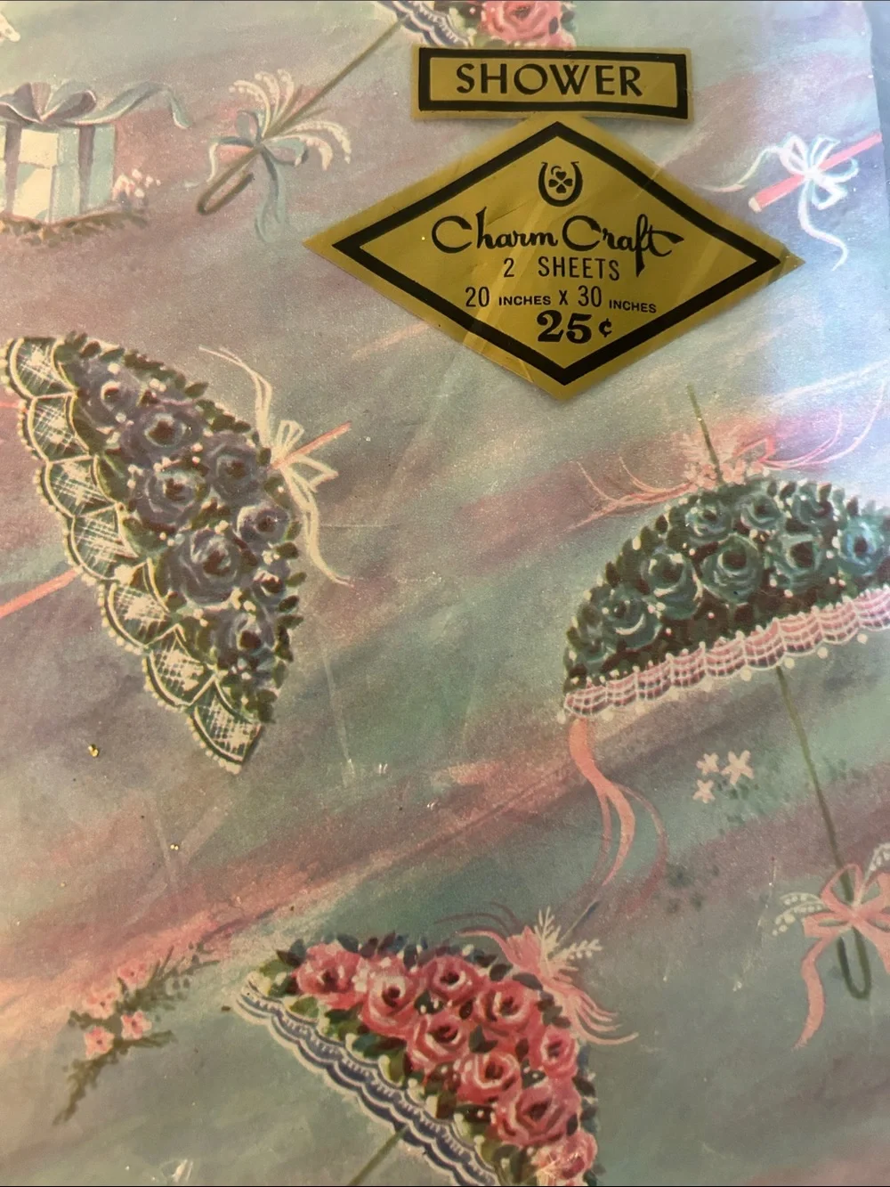 Vintage shower Charm Craft Decorative Gift wrap Pastel Pink & Blue Umbrella nip